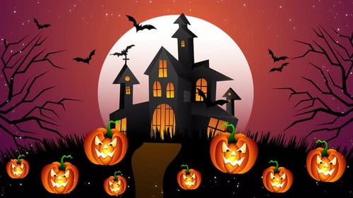 Halloween Dark Castle Moon Bats Background Animation