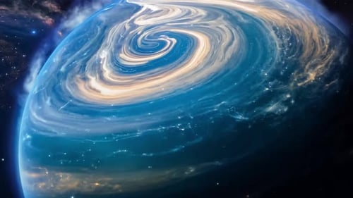 Glühender Satellit, der einen Planeten in einem sternengefüllten Galaxienhintergrund umkreist