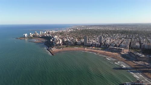 Bird's-eye view of Mar del Plata, a coastal city in Buenos Aires province, Argentina, showcasing its