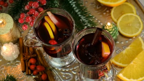 Festive Mulled Wine with Holiday Decorations