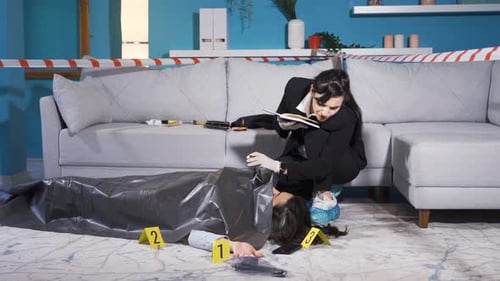 Forensic Woman Examining Body at Crime Scene