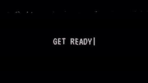 Get ready text animation, retro glitch effect, vintage television broadcast, anticipation