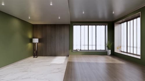 Modern empty room with green walls and large windows interior design