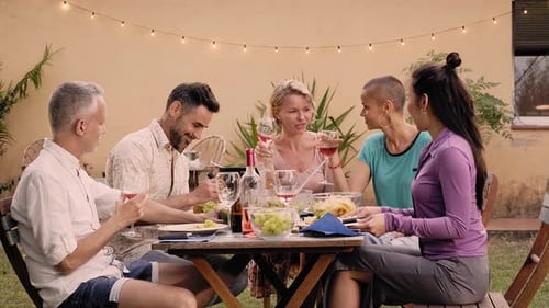 Friends Enjoying Outdoor Meal and Conversation