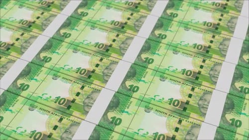 10 SOUTH AFRICAN RAND banknotes printed by a money press