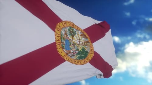 Waving Florida State Flag against a Blue Sky