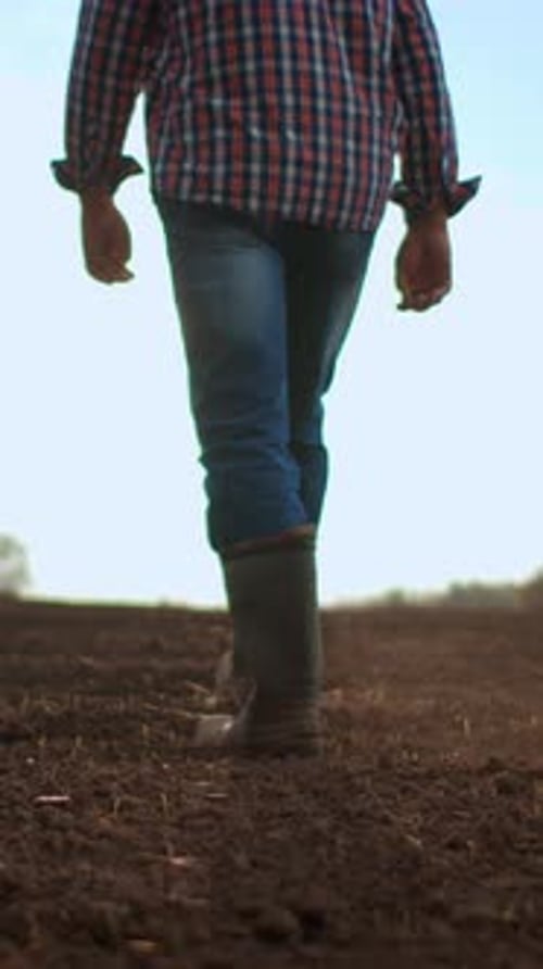 Farmer Walking Through Freshly Tilled Soil in Rubber Boots Inspecting Agricultural Field at Sunrise