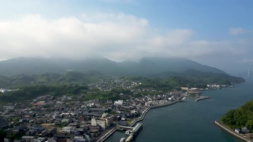 Stunning morning drone view over Ikuchi Island in the Seto Inland Sea in Japan