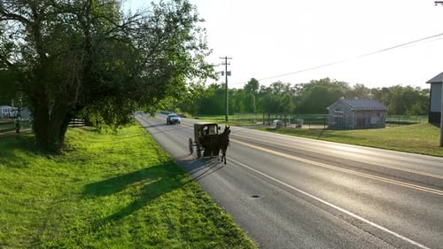 Amish horse and buggy on country road during sunset. Aerial rising shot.