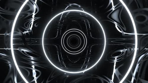 Weißer futuristischer abstrakter Tunnel mit blinkenden Neonringen im Hintergrund VJ Loop in 4K