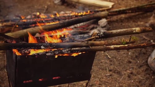 Fire Burning Wood in an Outdoor Metal Grill