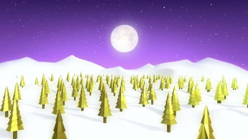 Animated Geometric Winter Scene with Moon and Falling Snow