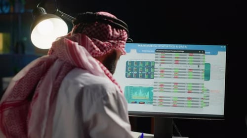 Adult uses computer for finance data review