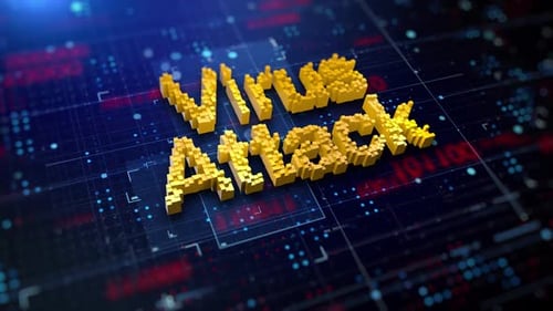 Pixelated 3D Virus Attack Title on Abstract Digital Background