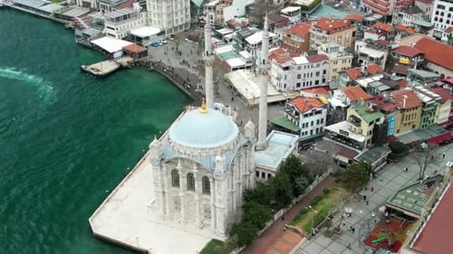 Grand Mecidiye Ortakoy Mosque in Istanbul fly back shot