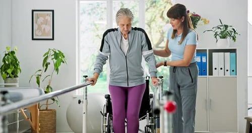Senior woman, wheelchair or walking with physiotherapist on rail for balance or mobility in clinic