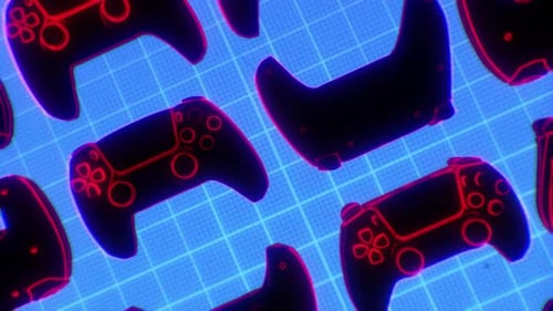 Neon Game Controllers Loop on Blue Grid Background