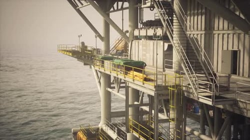 Old Oil Platform Standing Off the Coast During Hazy Daylight Hours