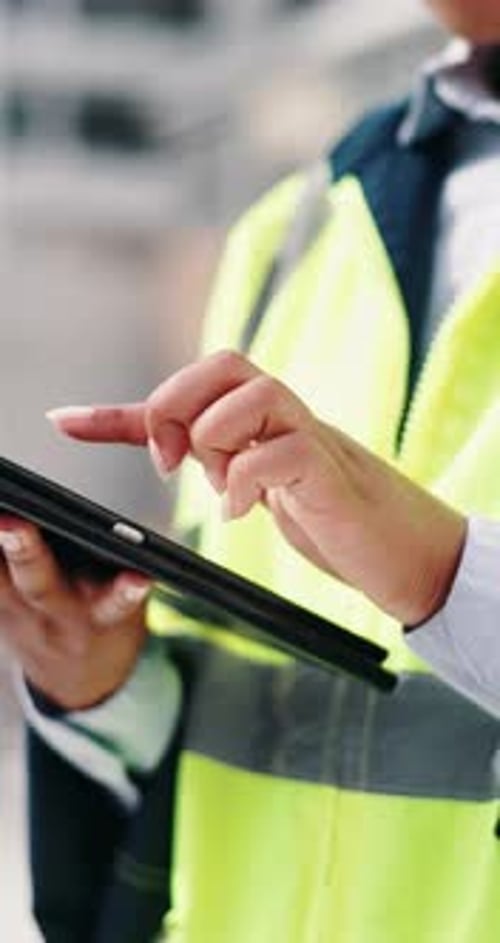 Construction, tablet and hands of woman in city for building inspection