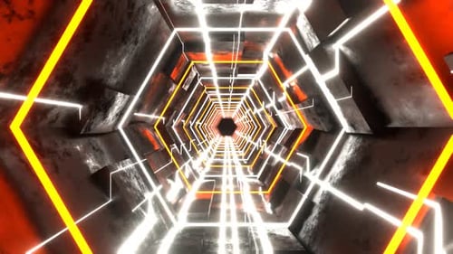 Orange And White Hexagonal Sci Fi Tunnel With Neon Lights Background VJ Loop l 4K