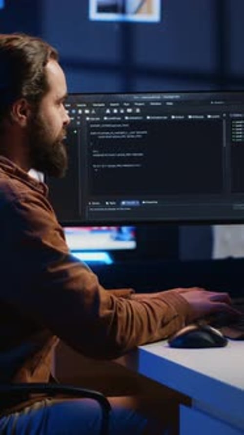 Programmer Developing Code on Computer Screen While in Personal Office
