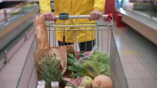 Shopping Cart Filled with Groceries Moves Through Supermarket