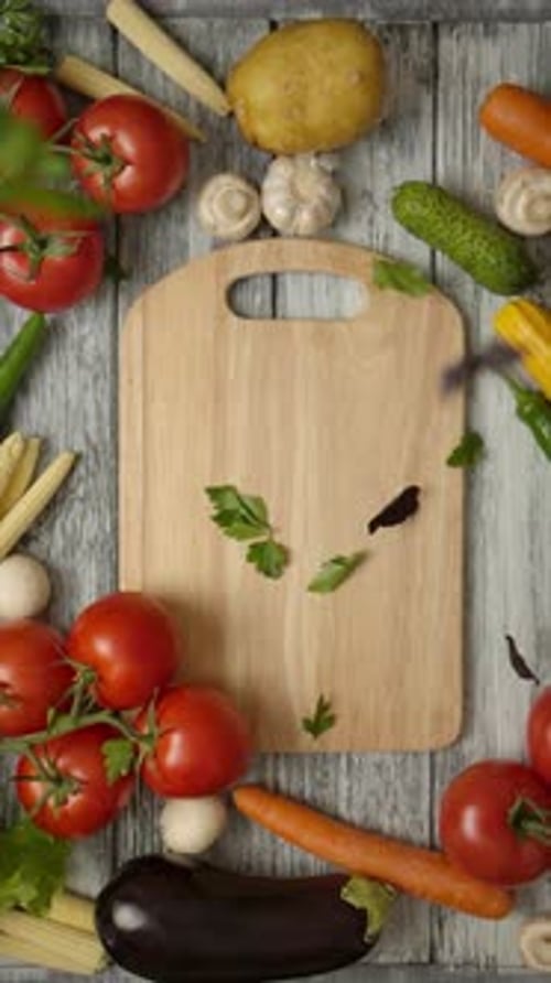 Vegetables and Cutting Board Preparation on Wooden Surface
