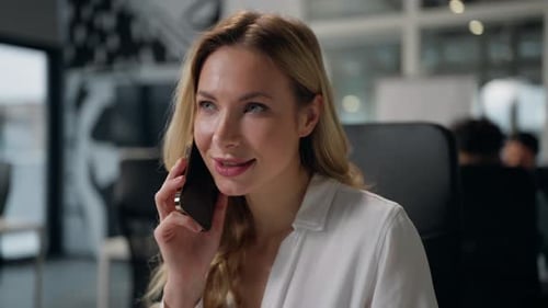 Happy Adult Caucasian Business Woman Talking Mobile Phone in Company Office Smiling Cheerful