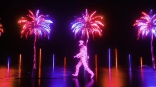 Ast Ronaut Walking Against Neon Palms