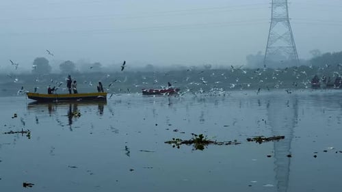 01/10/2024, Delhi; Morning Tranquility: Visitors at Yamuna Ghat in Mist