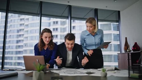 Happy Team Giving Five Enjoy Successful Teamwork in Office Three Colleagues