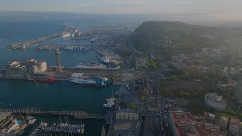 Forwards Fly Above Sea Coast in City Boats Moored at Piers and Cranes in Harbour in Background Scene