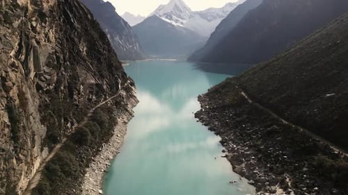 Lake Paron Peruvian Andes Aerial Drone Between Mountains, Peru Crystalline Water Andean Cordillera B