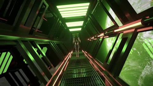 The Alien Slowly Walks Along the Corridor of the Spaceship Suit with Neon Stripes View of the Planet