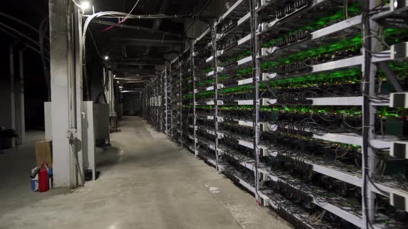Cryptocurrency Mining Equipment on Large Farm ASICs on Stand Racks Mine ...