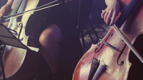 Close up of female cellist hand playing violoncello in orchestra performance