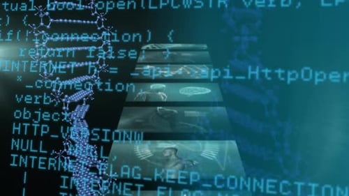 DNA-Struktur dreht sich vor Bildschirmen auf medizinischer Datenverarbeitung vor blauem Hintergrund