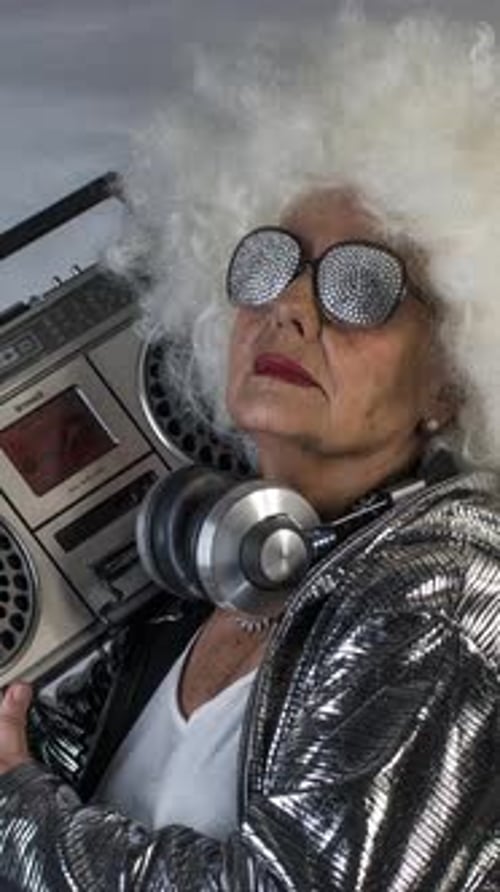 Senior with Boombox, Sparkling Jacket, White Afro Wig