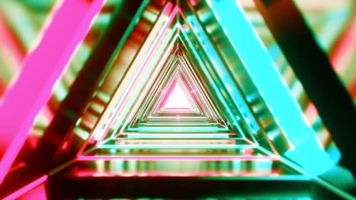 Flying through futuristic sci-fi triangle tunnel with neon colorful lights