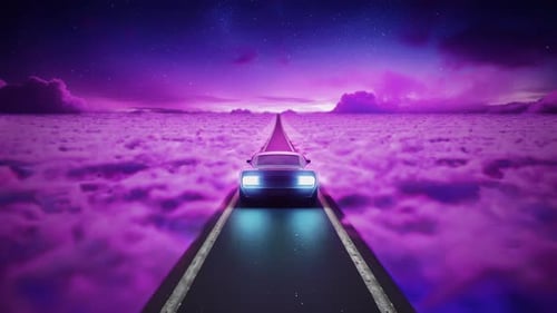 Loop Synthwave Car Neon Road qui serpente à travers de magnifiques nuages roses dans un cadre onirique