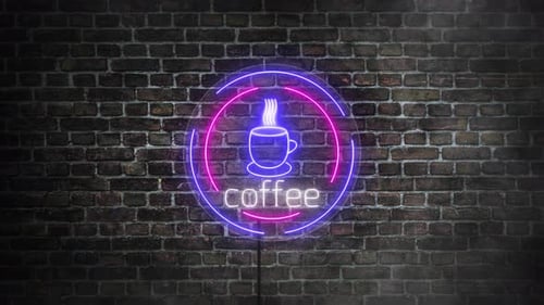 Glowing Neon Coffee Sign Animation on Brick Wall
