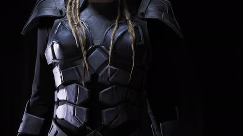 Close up of a female alien with white eyes putting a gun on her shoulder, 4k