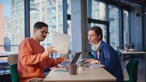 Company Coworkers Doing Paperwork at Cafeteria Workspace Professional Man Woman