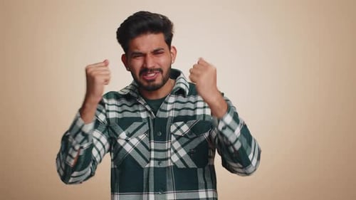 Indian Man Scream Stress Tension Problem Feel Horror Hopelessness Fear Surprise Shock Expresses Rage