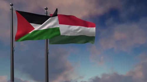 Realistic Waving Flags of Palestine and Hungary on a Blue Sky