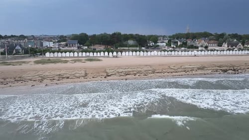Aerial view of beach huts, France.