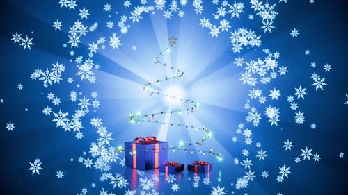 Falling Snowflakes And Decorative Christmas Tree With Gifts