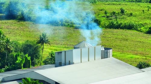 Factory Emitting Smoke in Green Tropical Landscape