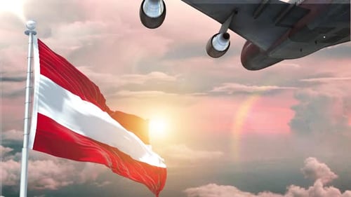 National Flag Waving with Airplane Flying at Sunset