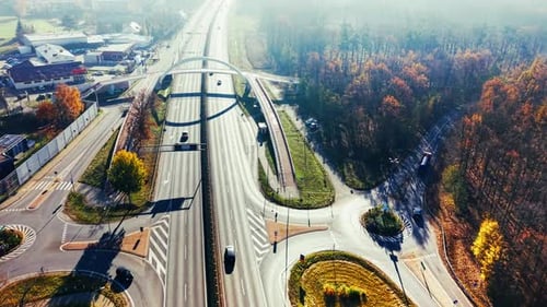 Expressway Overpass Roundabout Forest Autumn Traffic Drone